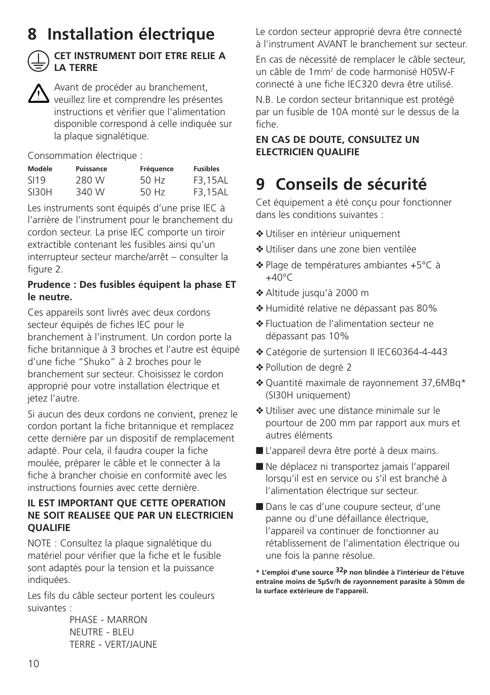 8 installation électrique, 9 conseils de sécurité | Dynalab SI19/120V/60 User Manual | Page 12 / 36