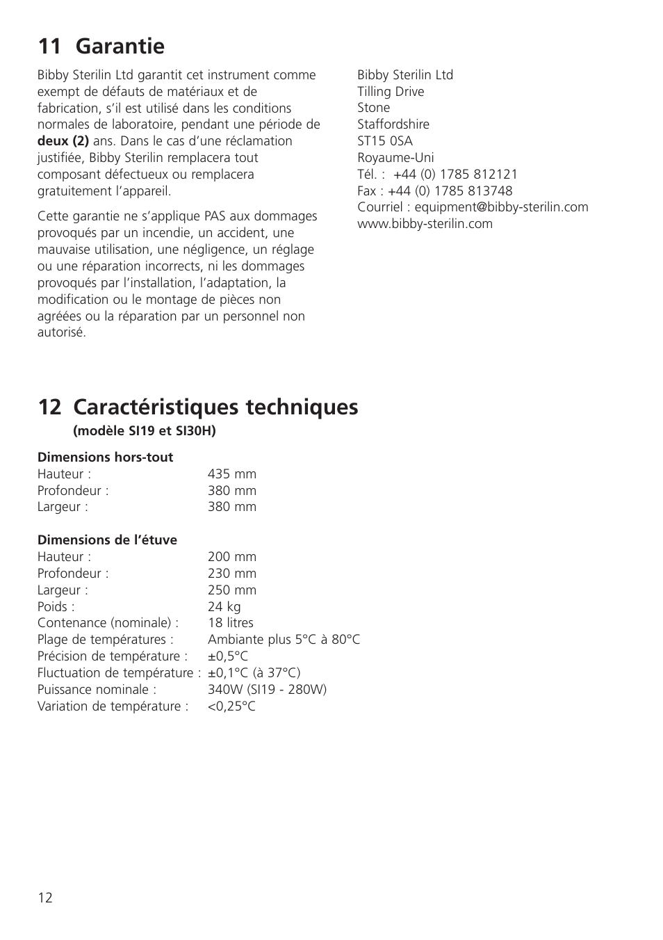 11 garantie, 12 caractéristiques techniques | Dynalab SI19/120V/60 User Manual | Page 14 / 36