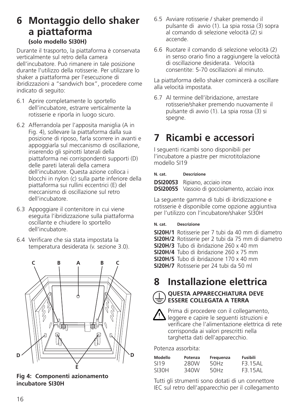 6 montaggio dello shaker a piattaforma, 7 ricambi e accessori, 8 installazione elettrica | Dynalab SI19/120V/60 User Manual | Page 18 / 36
