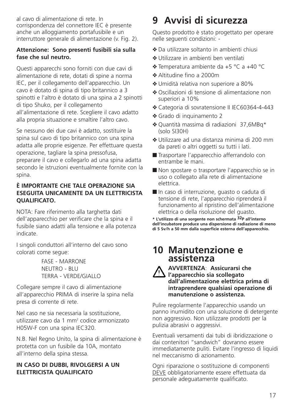 9 avvisi di sicurezza, 10 manutenzione e assistenza | Dynalab SI19/120V/60 User Manual | Page 19 / 36