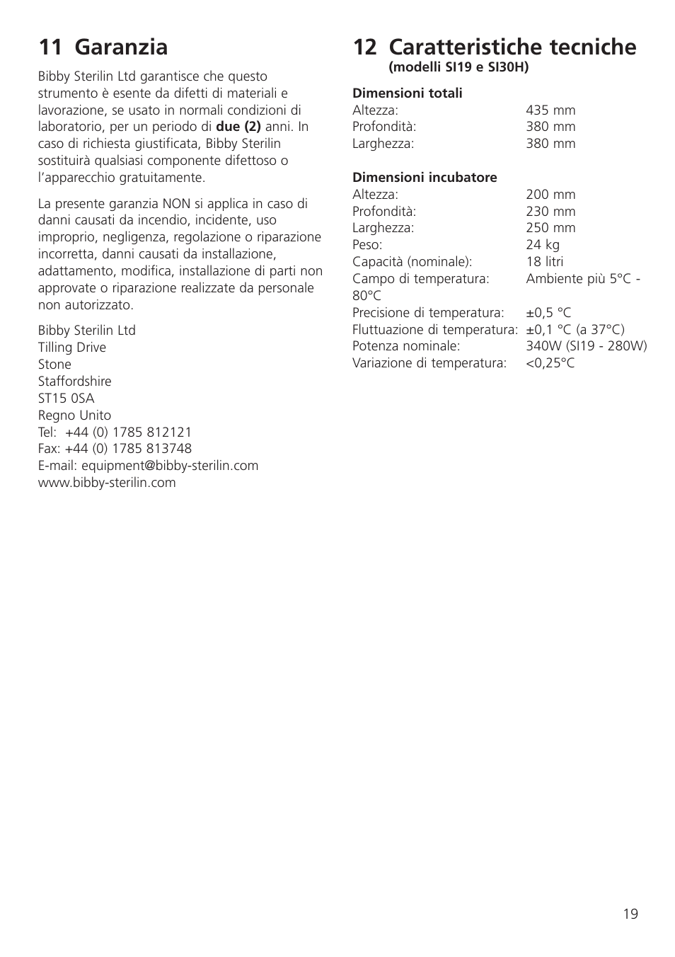 11 garanzia, 12 caratteristiche tecniche | Dynalab SI19/120V/60 User Manual | Page 21 / 36