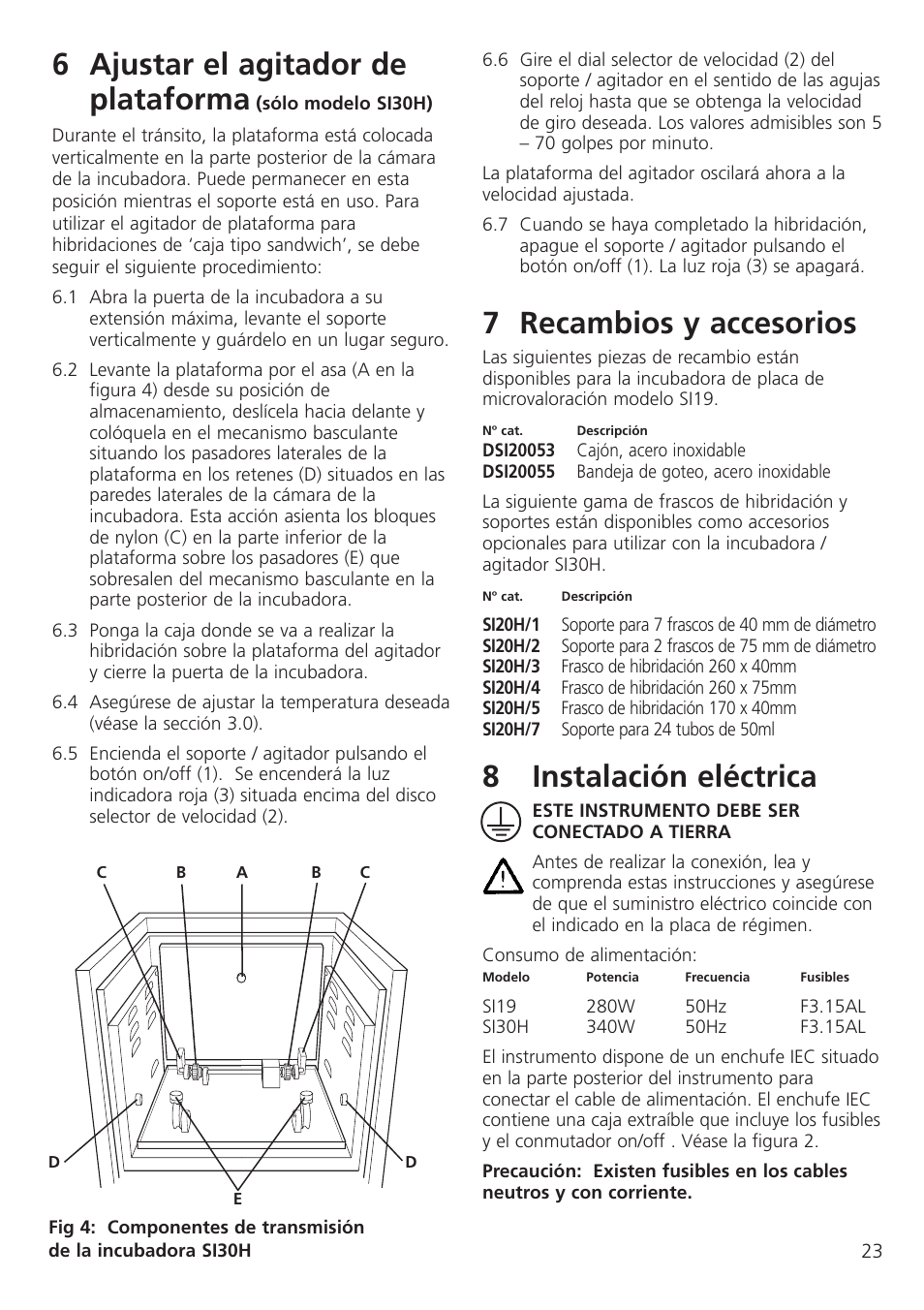 6 ajustar el agitador de plataforma, 7 recambios y accesorios, 8instalación eléctrica | Dynalab SI19/120V/60 User Manual | Page 25 / 36