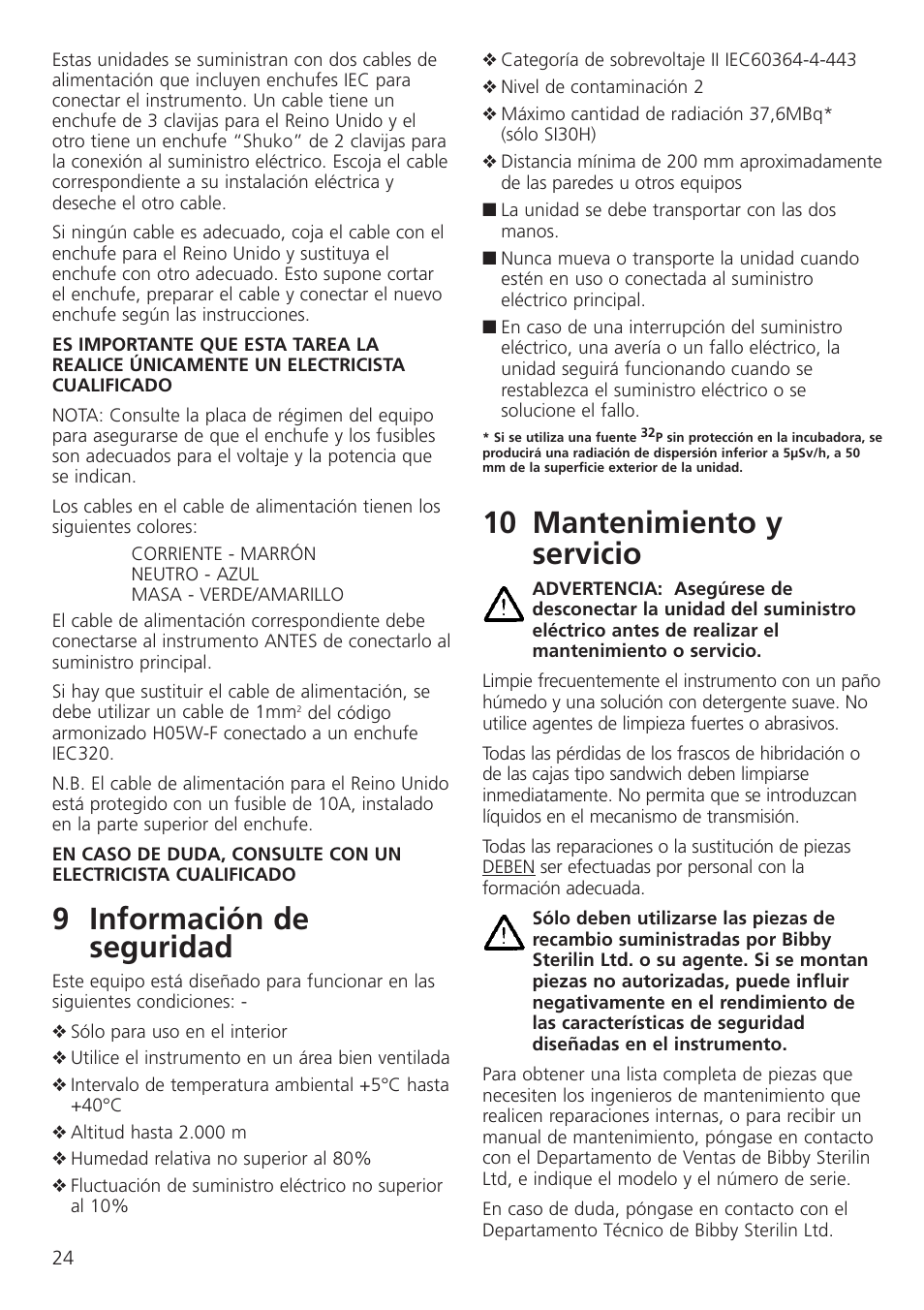 9 información de seguridad, 10 mantenimiento y servicio | Dynalab SI19/120V/60 User Manual | Page 26 / 36