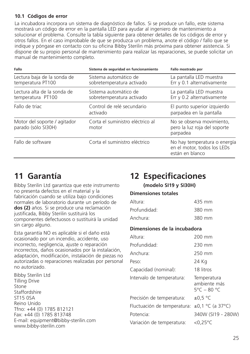 11 garantía, 12 especificaciones | Dynalab SI19/120V/60 User Manual | Page 27 / 36