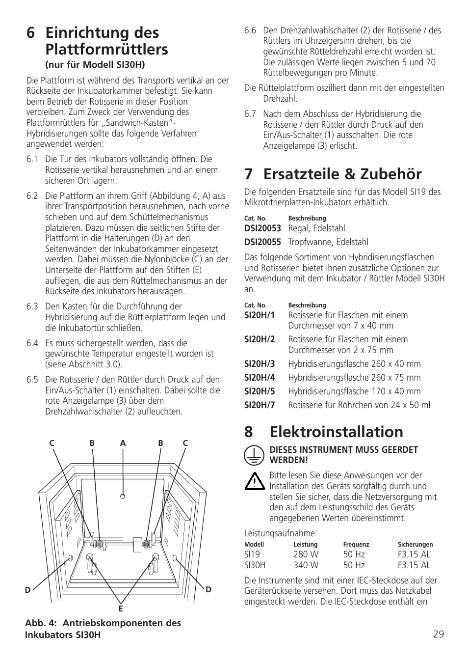 6 einrichtung des plattformrüttlers, 7 ersatzteile & zubehör, 8elektroinstallation | Dynalab SI19/120V/60 User Manual | Page 31 / 36