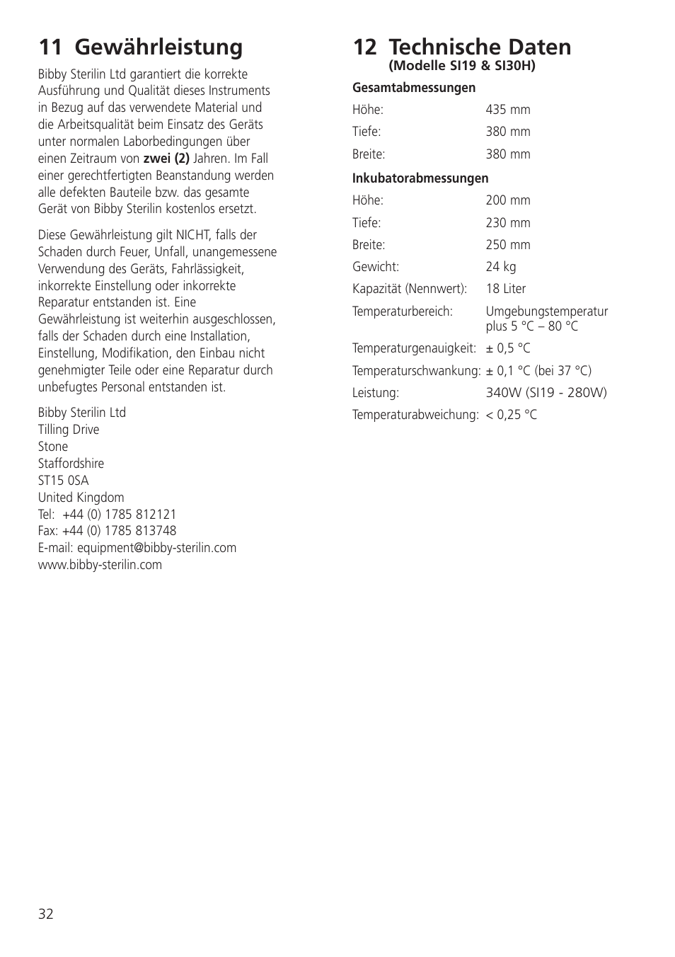 11 gewährleistung, 12 technische daten | Dynalab SI19/120V/60 User Manual | Page 34 / 36