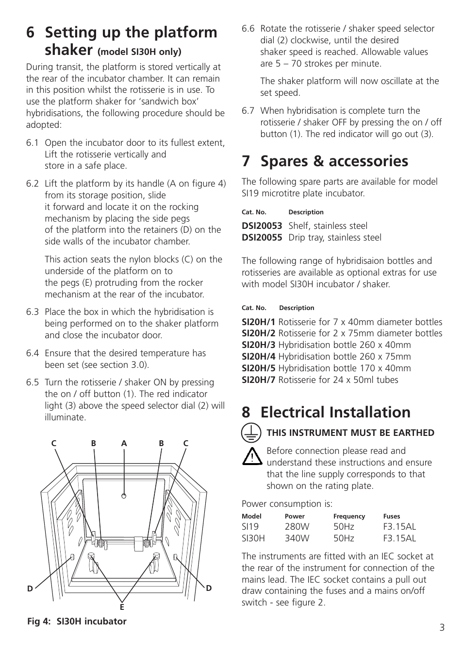6 setting up the platform shaker, 7 spares & accessories, 8 electrical installation | Dynalab SI19/120V/60 User Manual | Page 5 / 36