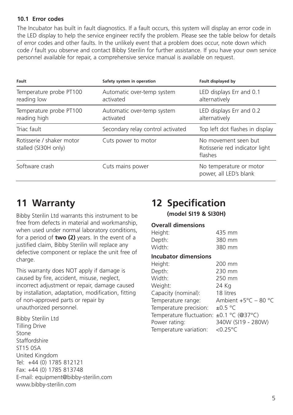 11 warranty, 12 specification | Dynalab SI19/120V/60 User Manual | Page 7 / 36