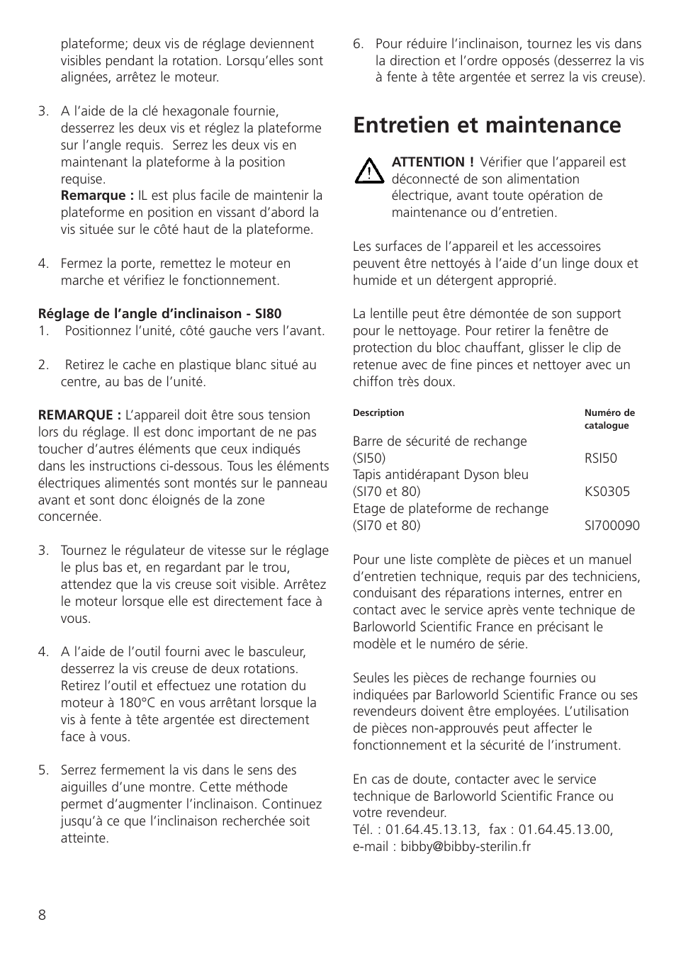 Entretien et maintenance | Dynalab SI80/120V/60 User Manual | Page 10 / 28