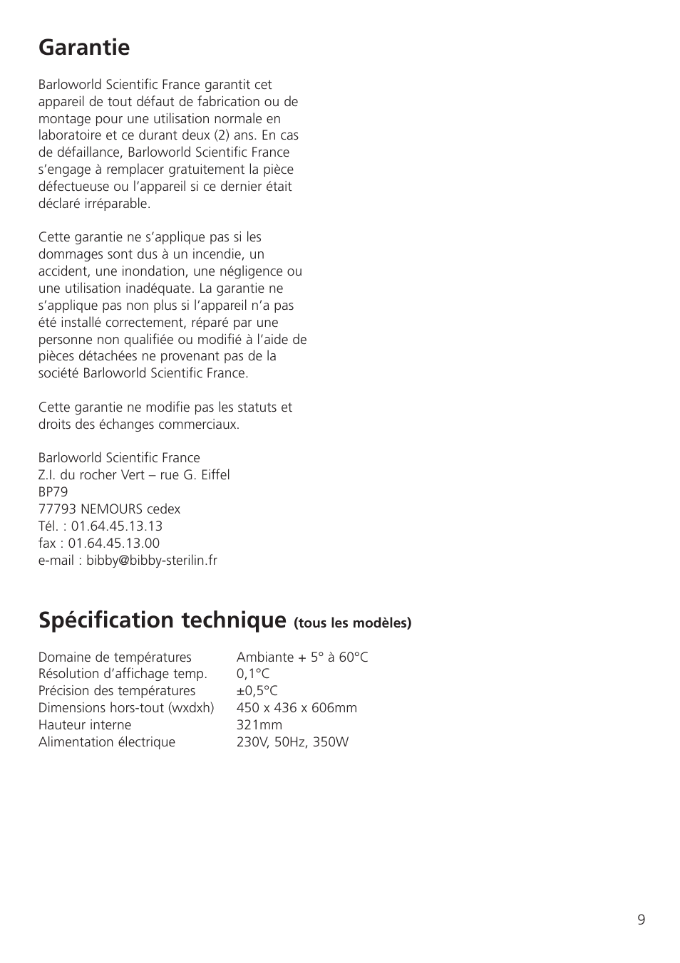 Garantie, Spécification technique | Dynalab SI80/120V/60 User Manual | Page 11 / 28