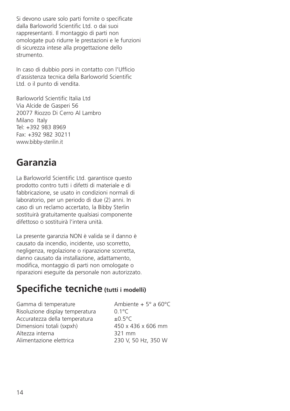 Garanzia, Specifiche tecniche | Dynalab SI80/120V/60 User Manual | Page 16 / 28