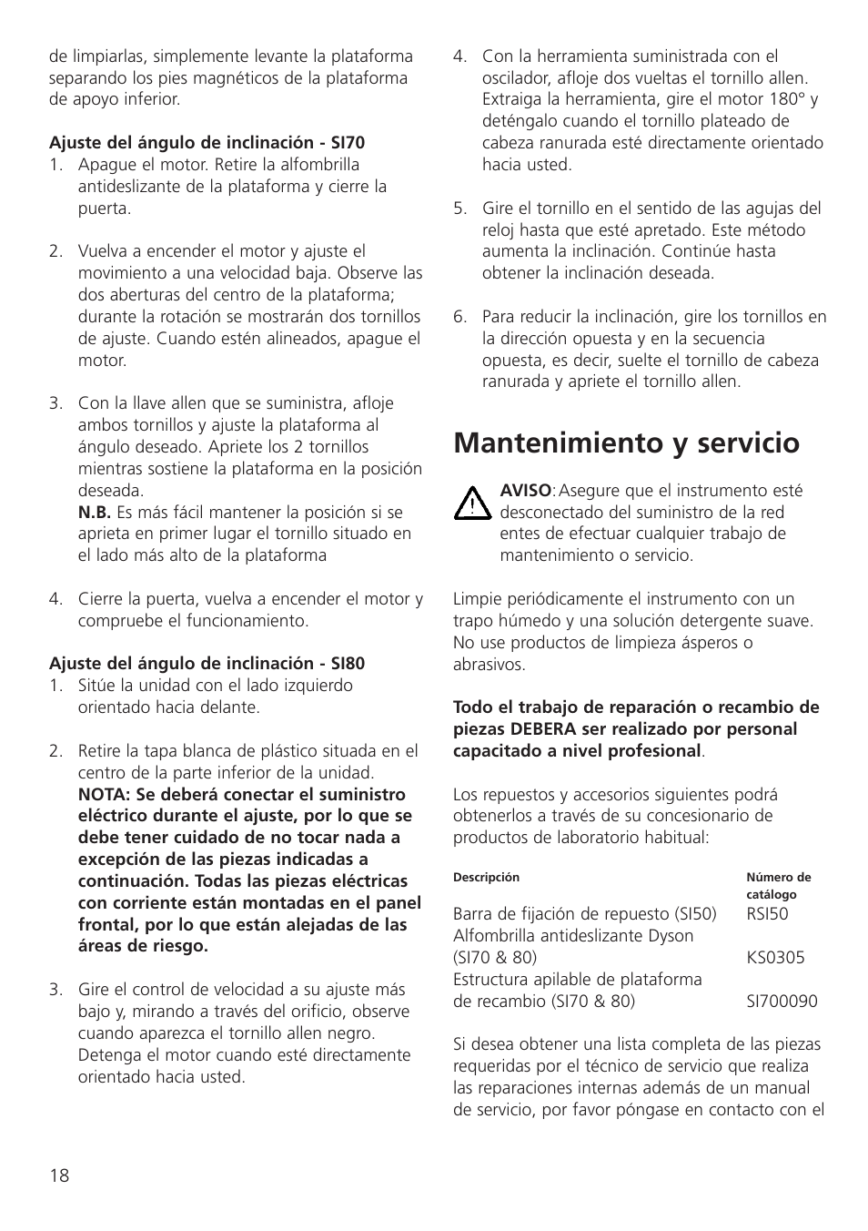 Mantenimiento y servicio | Dynalab SI80/120V/60 User Manual | Page 20 / 28