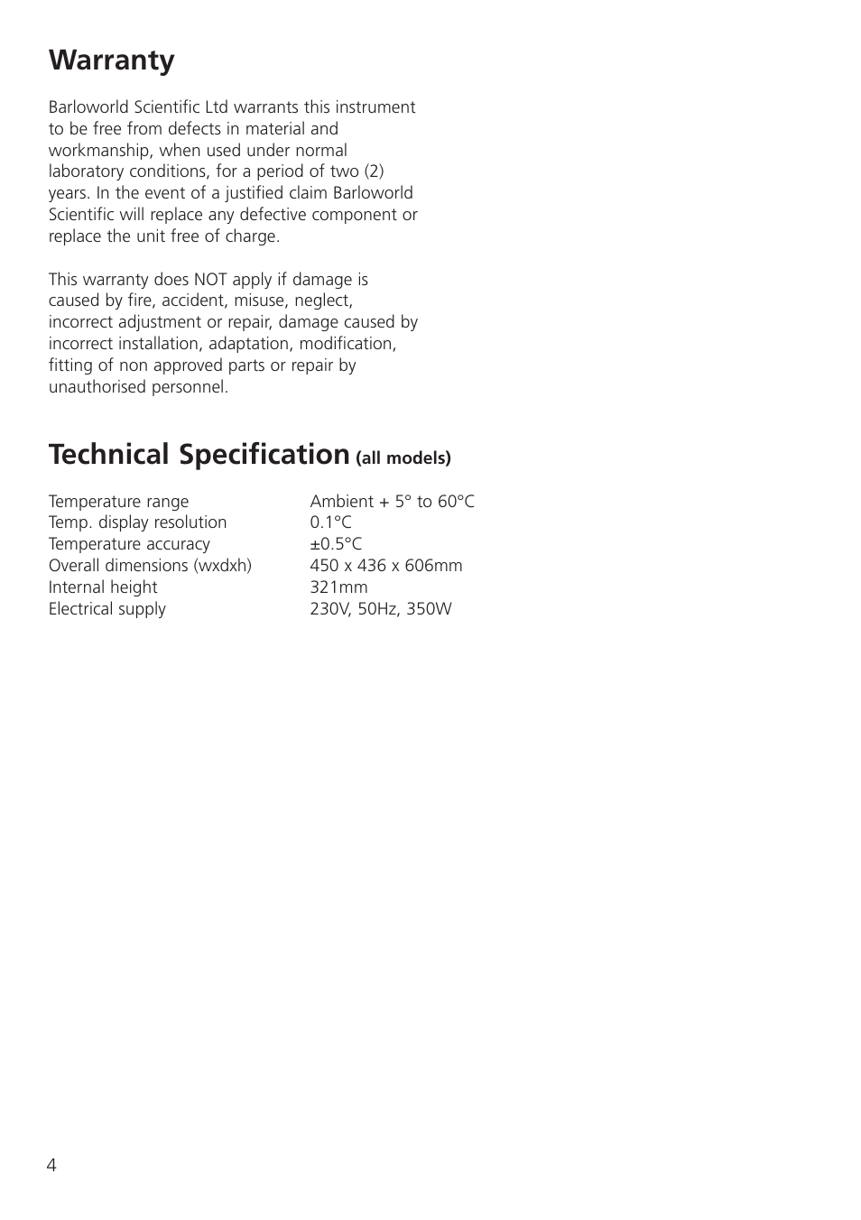 Warranty, Technical specification | Dynalab SI80/120V/60 User Manual | Page 6 / 28