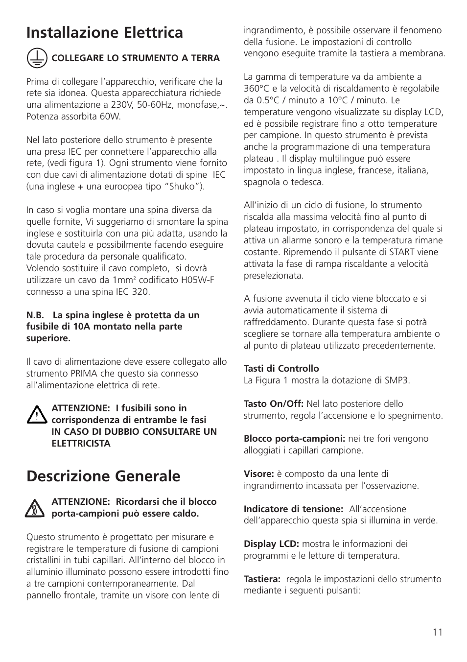 Installazione elettrica, Descrizione generale | Dynalab SMP3/120V/60 User Manual | Page 13 / 28