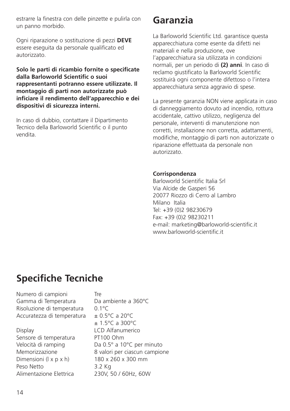 Garanzia, Specifiche tecniche | Dynalab SMP3/120V/60 User Manual | Page 16 / 28