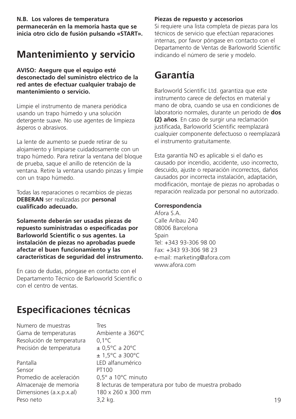 Mantenimiento y servicio, Garantía, Especificaciones técnicas | Dynalab SMP3/120V/60 User Manual | Page 21 / 28