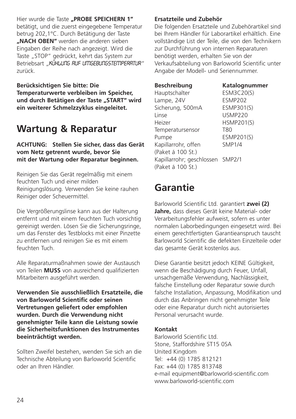 Wartung & reparatur, Garantie | Dynalab SMP3/120V/60 User Manual | Page 26 / 28