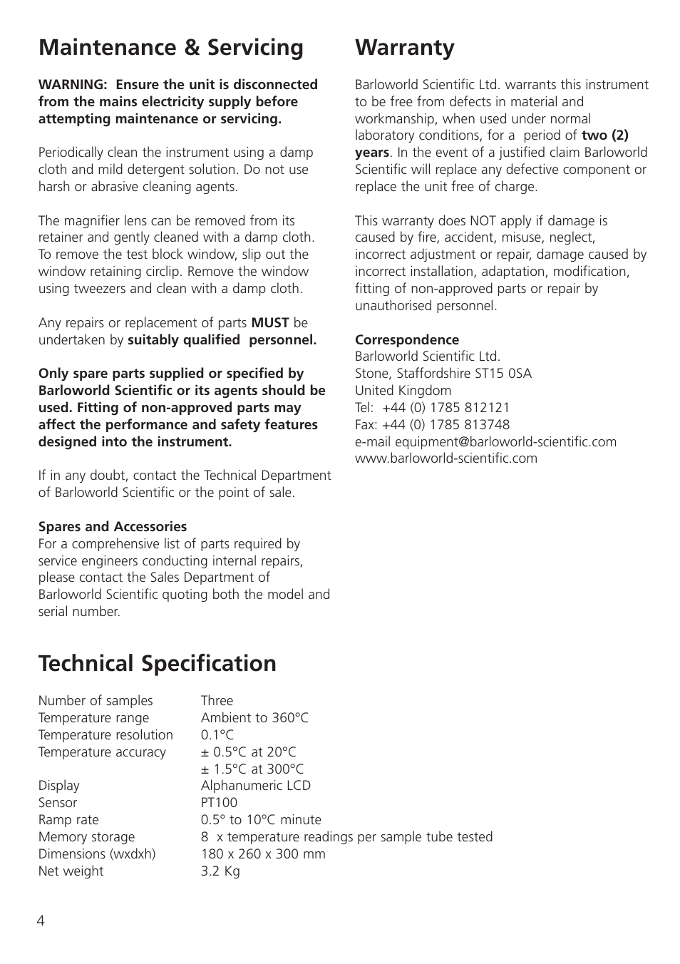 Maintenance & servicing, Warranty, Technical specification | Dynalab SMP3/120V/60 User Manual | Page 6 / 28