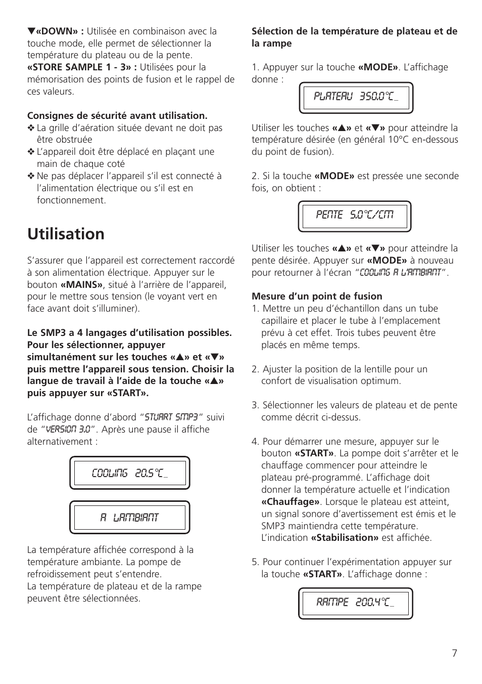 Utilisation | Dynalab SMP3/120V/60 User Manual | Page 9 / 28