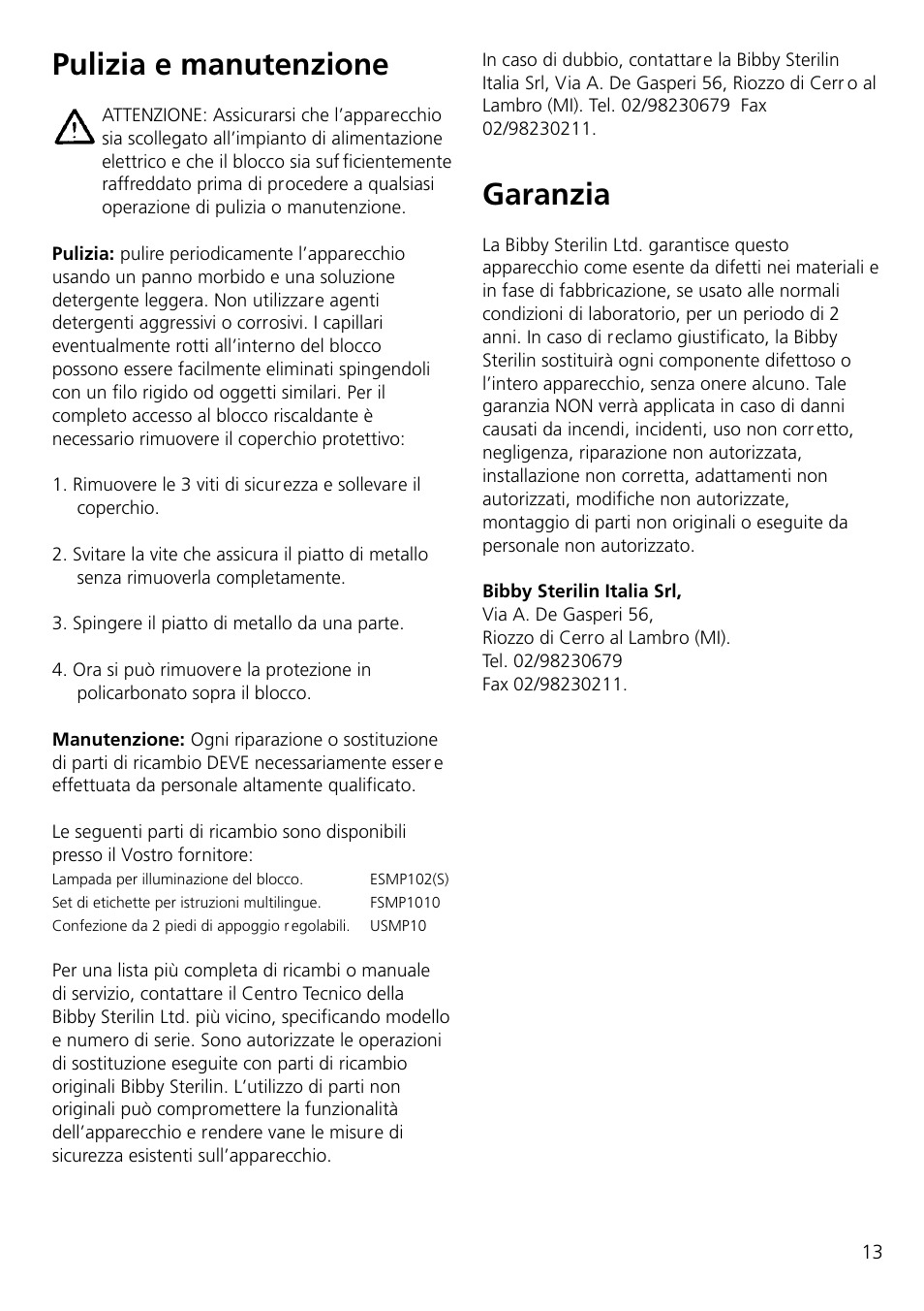 Pulizia e manutenzione, Garanzia | Dynalab SMP10/120V/60 User Manual | Page 15 / 28