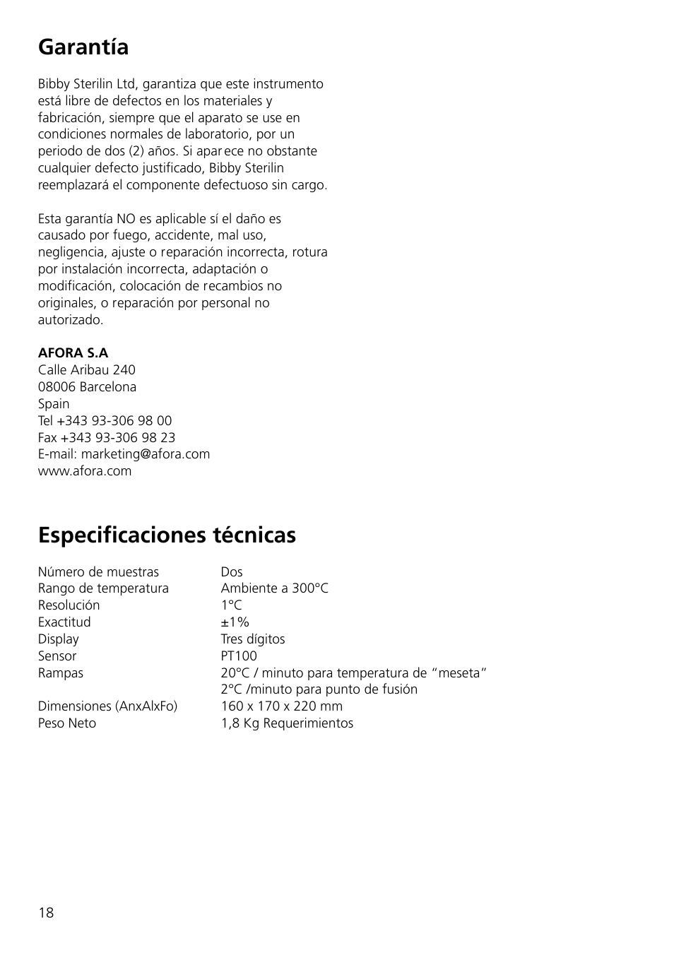 Garantía, Especificaciones técnicas | Dynalab SMP10/120V/60 User Manual | Page 20 / 28