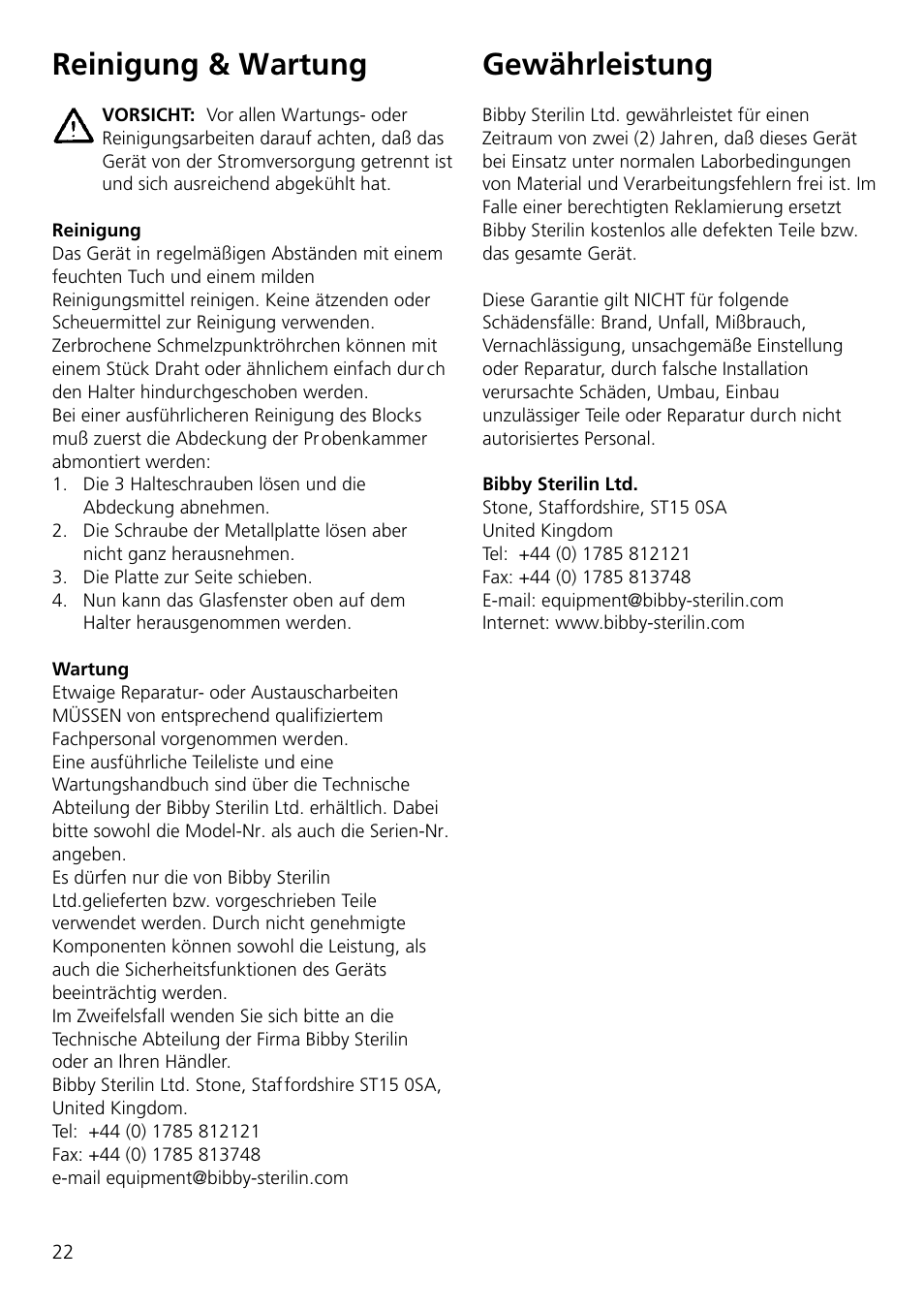 Reinigung & wartung, Gewährleistung | Dynalab SMP10/120V/60 User Manual | Page 24 / 28