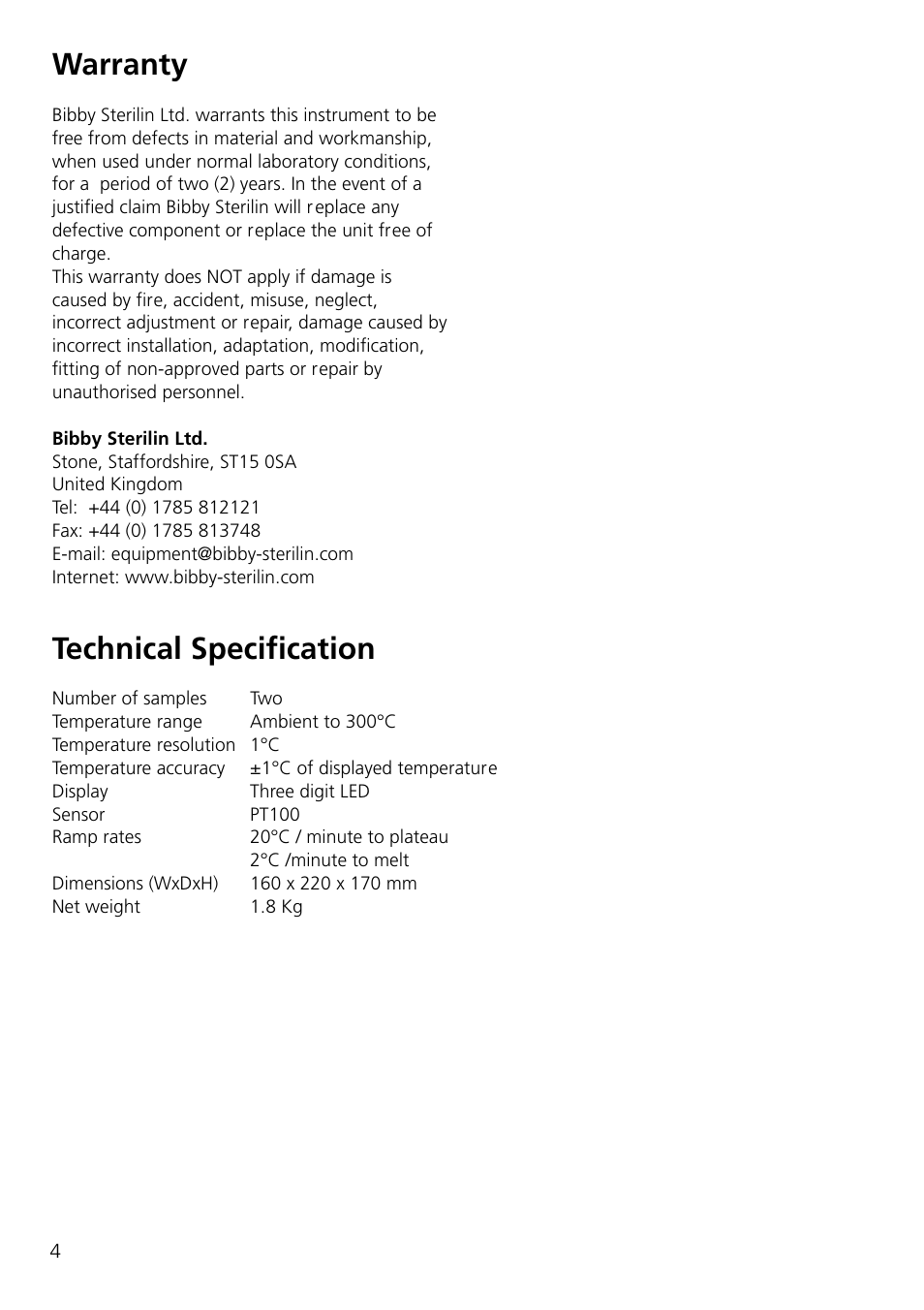 Warranty, Technical specification | Dynalab SMP10/120V/60 User Manual | Page 6 / 28