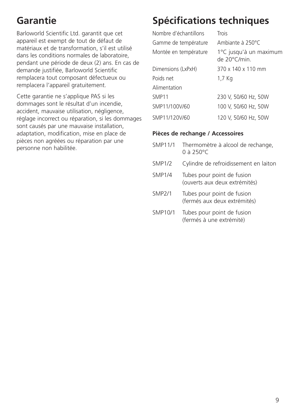 Garantie, Spécifications techniques | Dynalab SMP11/120V/60 User Manual | Page 11 / 28
