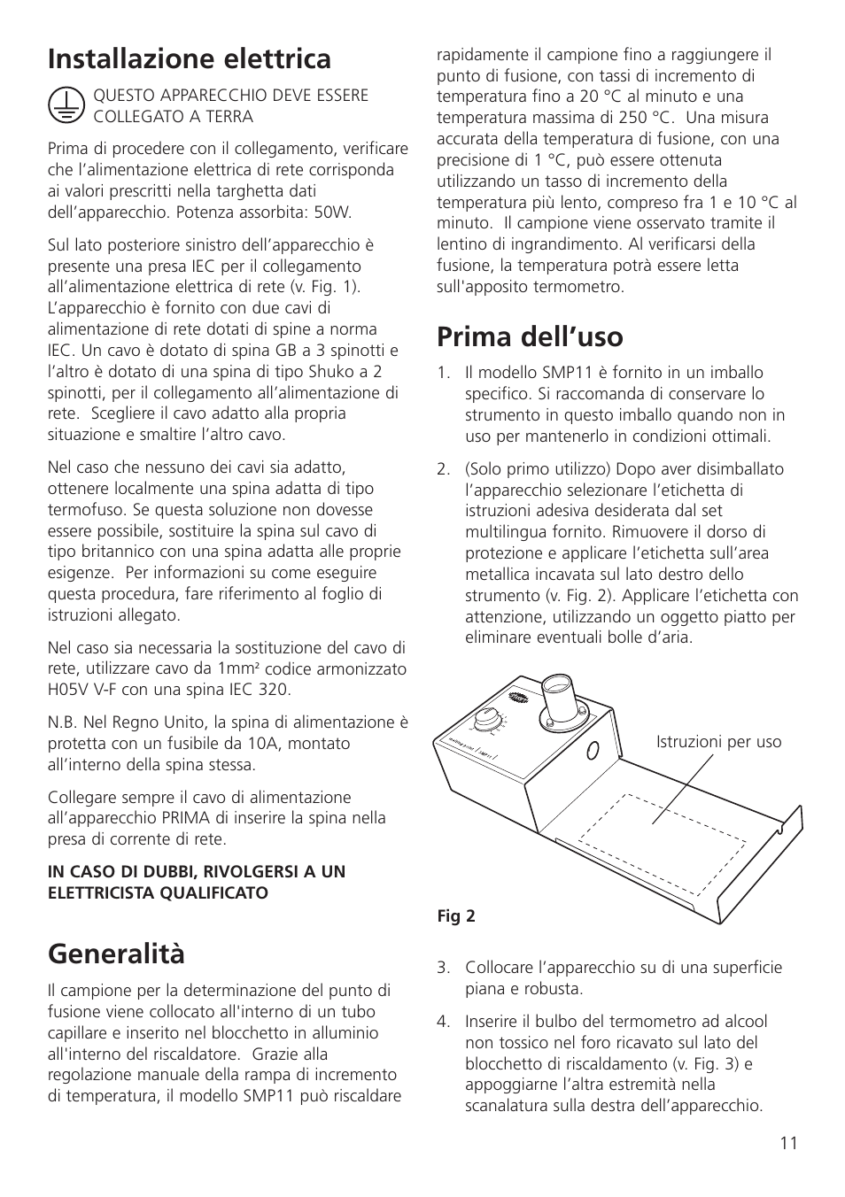 Installazione elettrica, Generalità, Prima dell’uso | Dynalab SMP11/120V/60 User Manual | Page 13 / 28