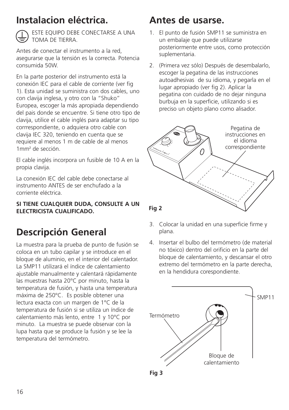 Instalacion eléctrica, Descripción general, Antes de usarse | Dynalab SMP11/120V/60 User Manual | Page 18 / 28