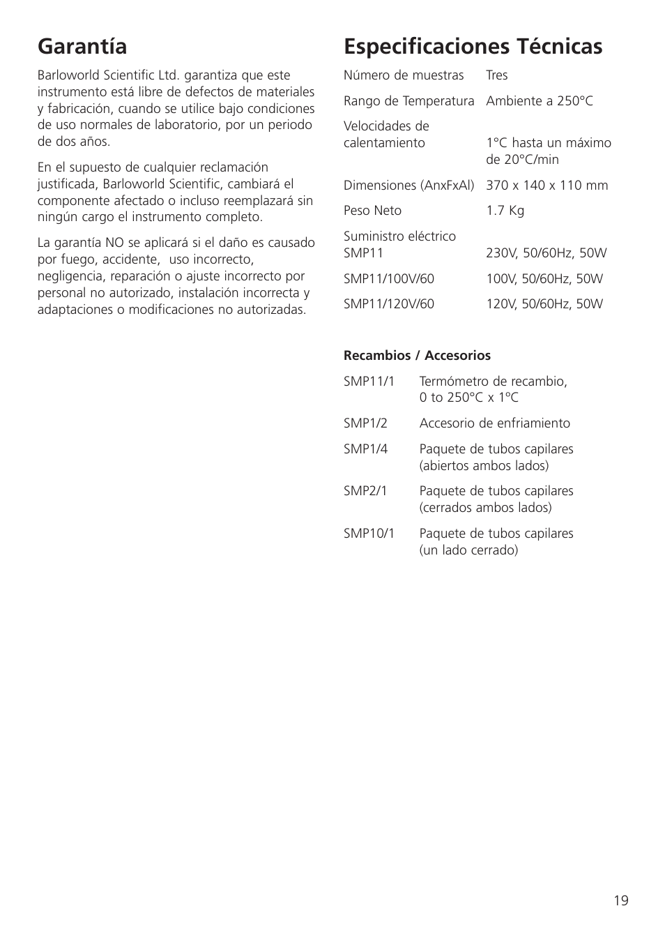 Garantía, Especificaciones técnicas | Dynalab SMP11/120V/60 User Manual | Page 21 / 28