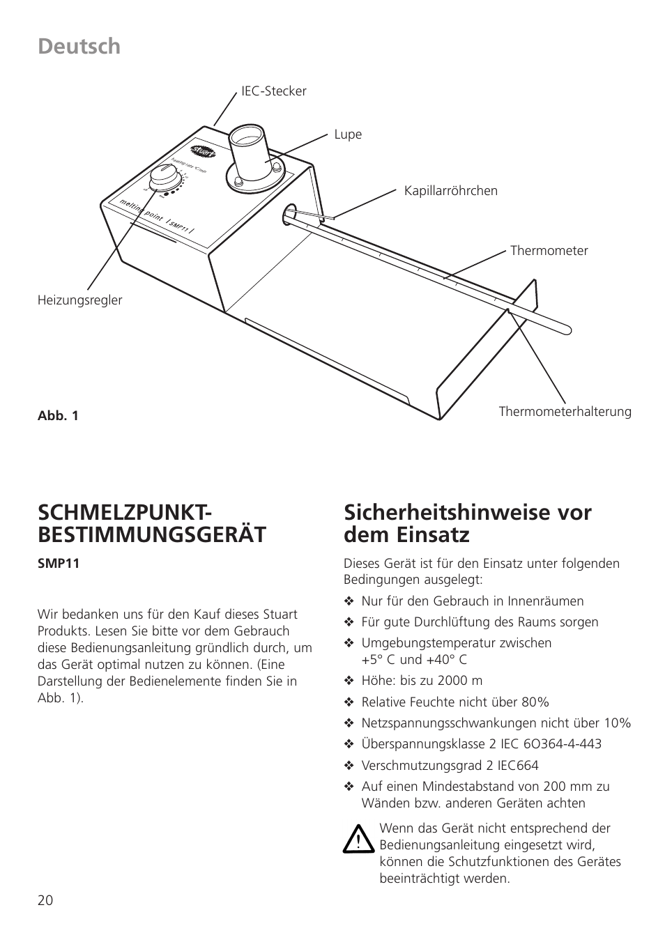Schmelzpunkt- bestimmungsgerät, Sicherheitshinweise vor dem einsatz, Deutsch | Dynalab SMP11/120V/60 User Manual | Page 22 / 28