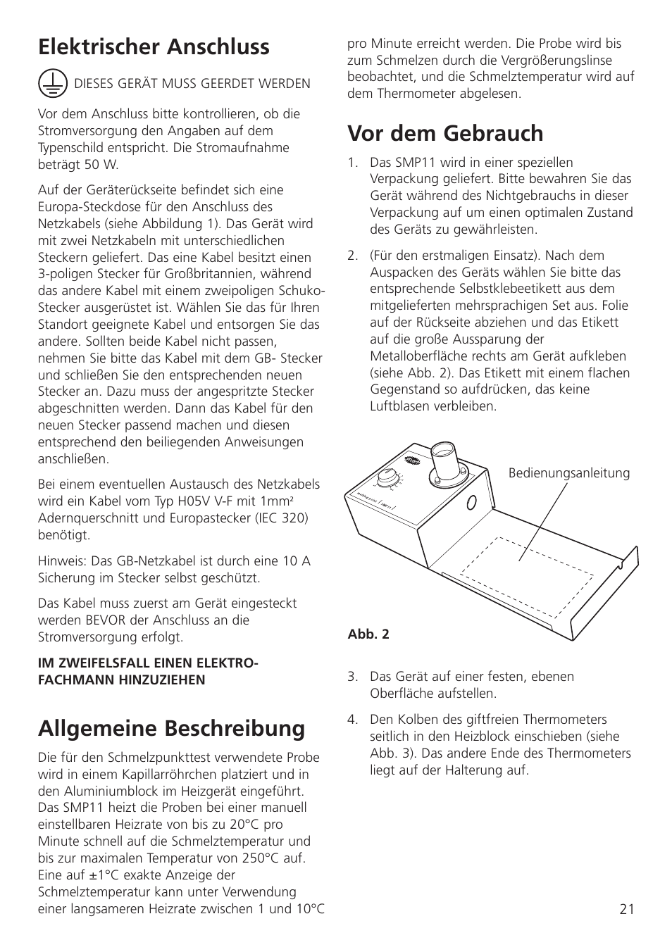 Elektrischer anschluss, Allgemeine beschreibung, Vor dem gebrauch | Dynalab SMP11/120V/60 User Manual | Page 23 / 28