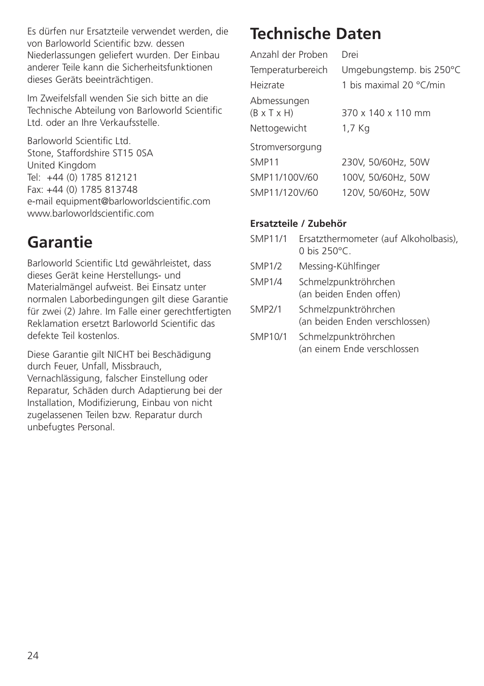 Garantie, Technische daten | Dynalab SMP11/120V/60 User Manual | Page 26 / 28