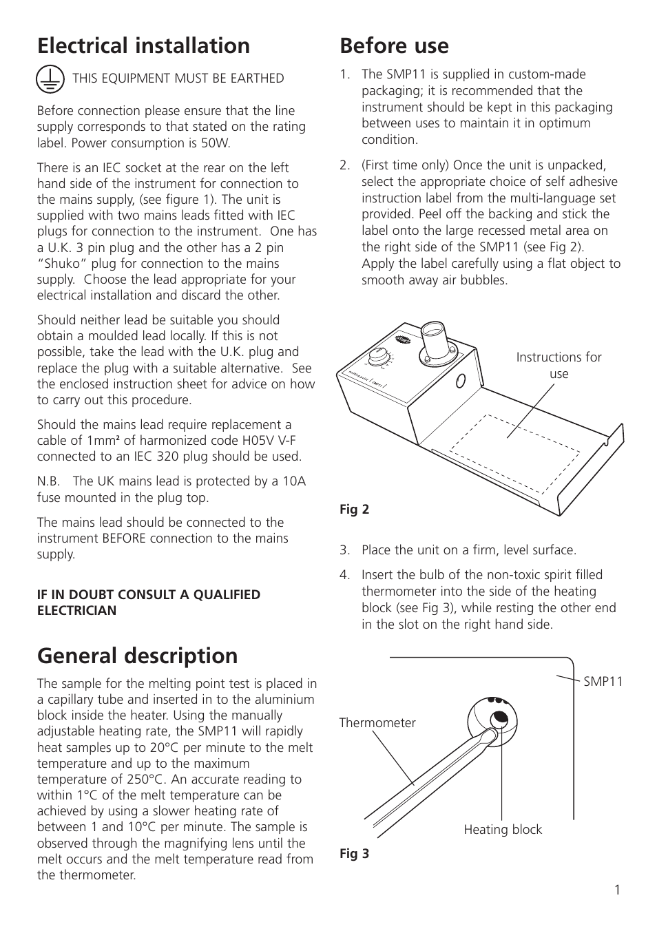 Electrical installation, General description, Before use | Dynalab SMP11/120V/60 User Manual | Page 3 / 28