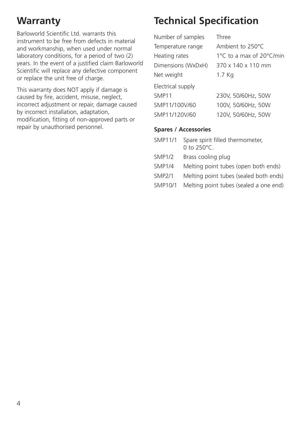 Warranty, Technical specification | Dynalab SMP11/120V/60 User Manual | Page 6 / 28