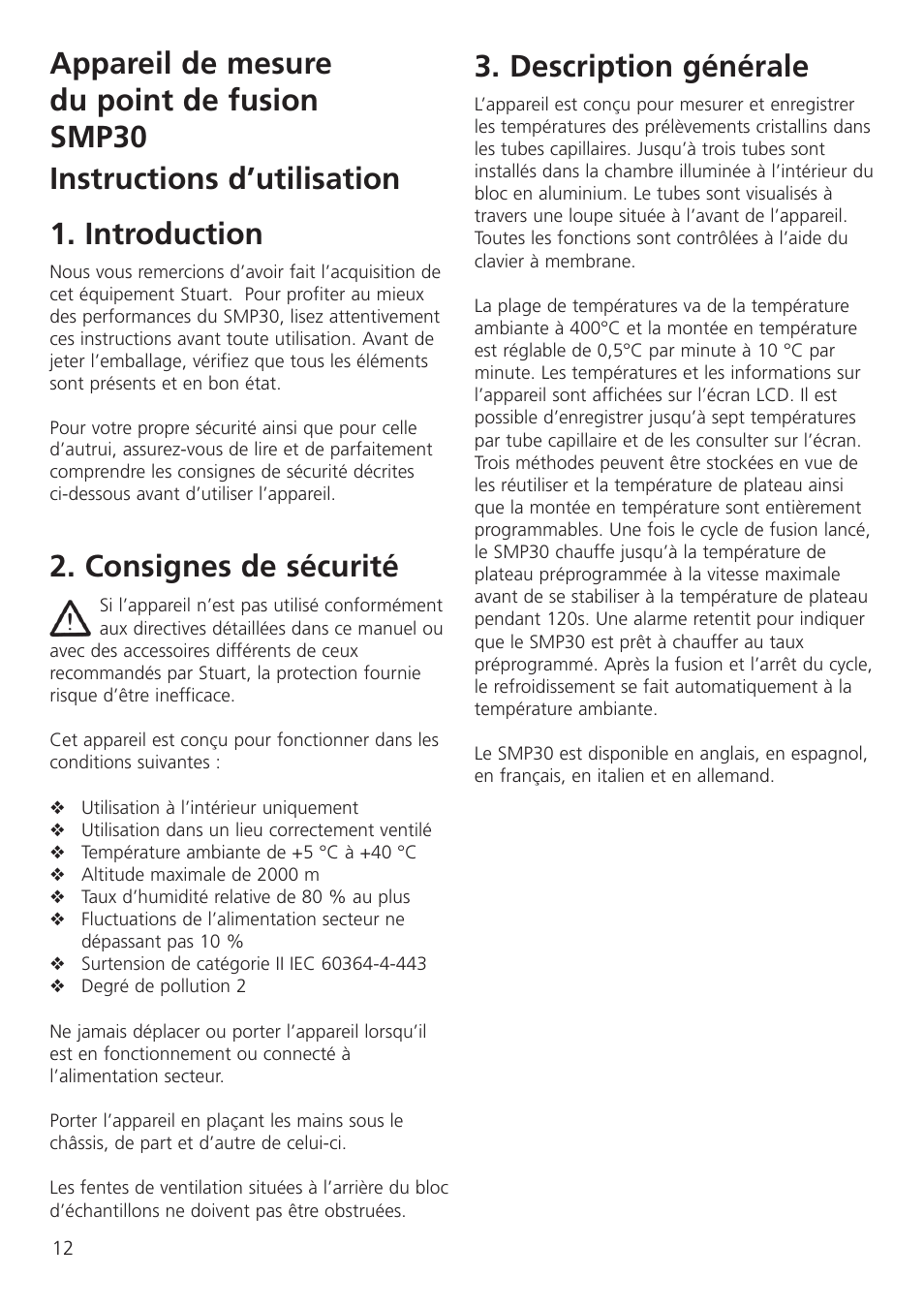 Consignes de sécurité, Description générale | Dynalab SMP30 User Manual | Page 14 / 60