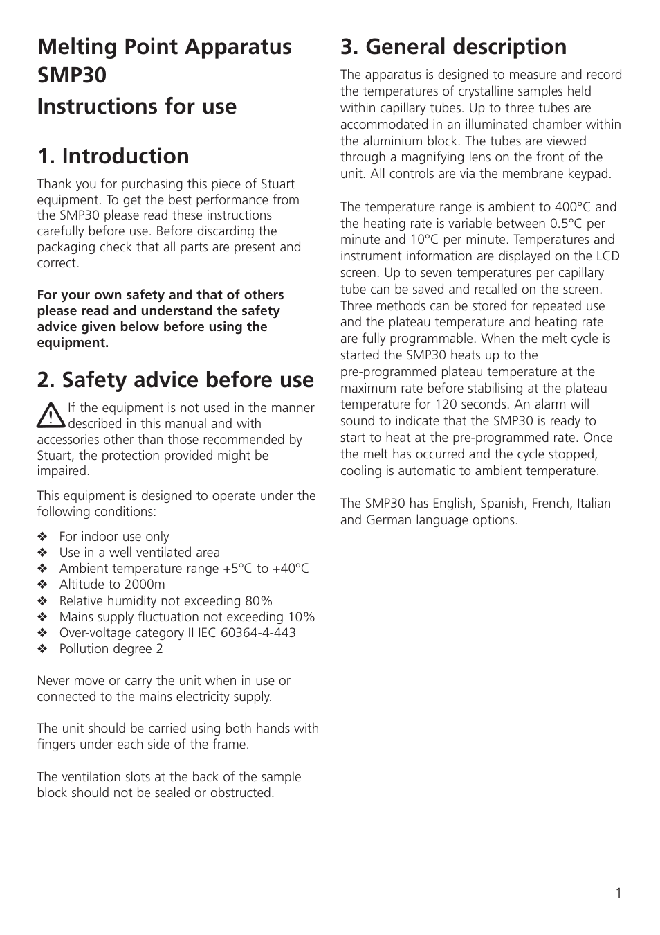 Melting point apparatus smp30 instructions for use, Introduction, Safety advice before use | General description | Dynalab SMP30 User Manual | Page 3 / 60