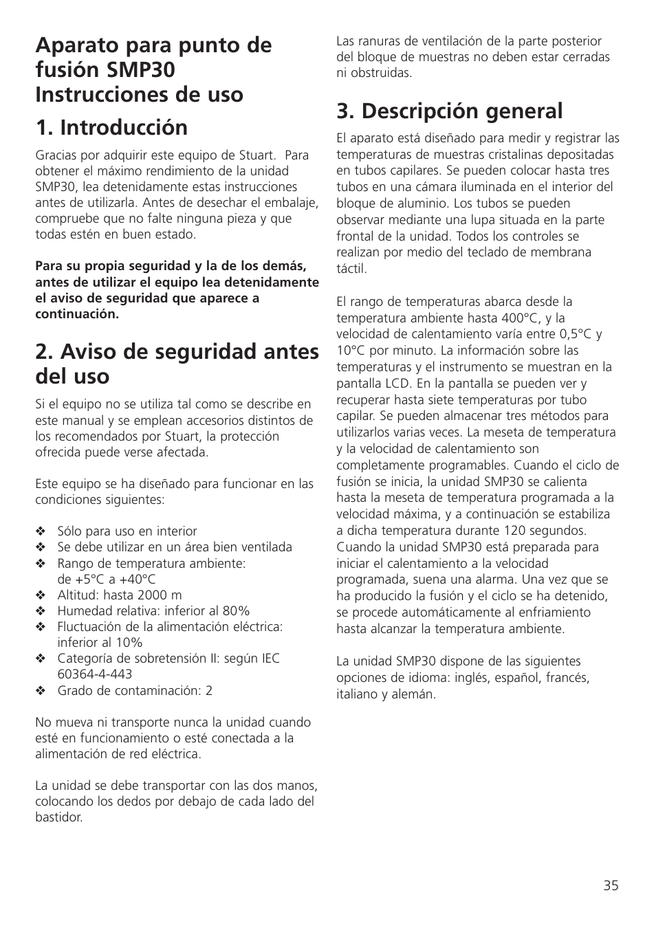 Aviso de seguridad antes del uso, Descripción general | Dynalab SMP30 User Manual | Page 37 / 60