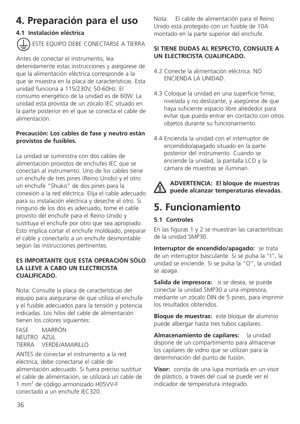 Preparación para el uso, Funcionamiento | Dynalab SMP30 User Manual | Page 38 / 60