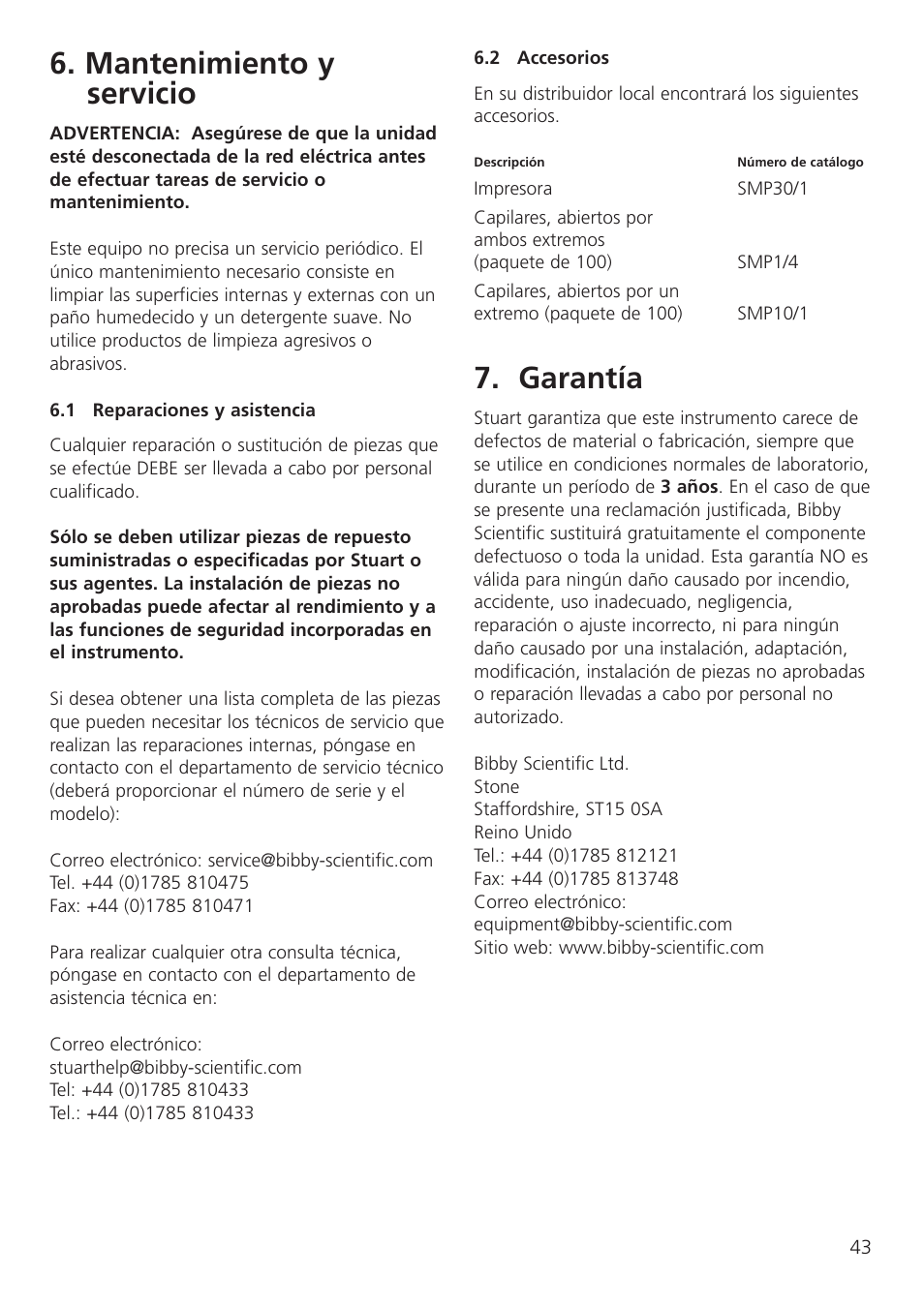 Mantenimiento y servicio, Garantía | Dynalab SMP30 User Manual | Page 45 / 60