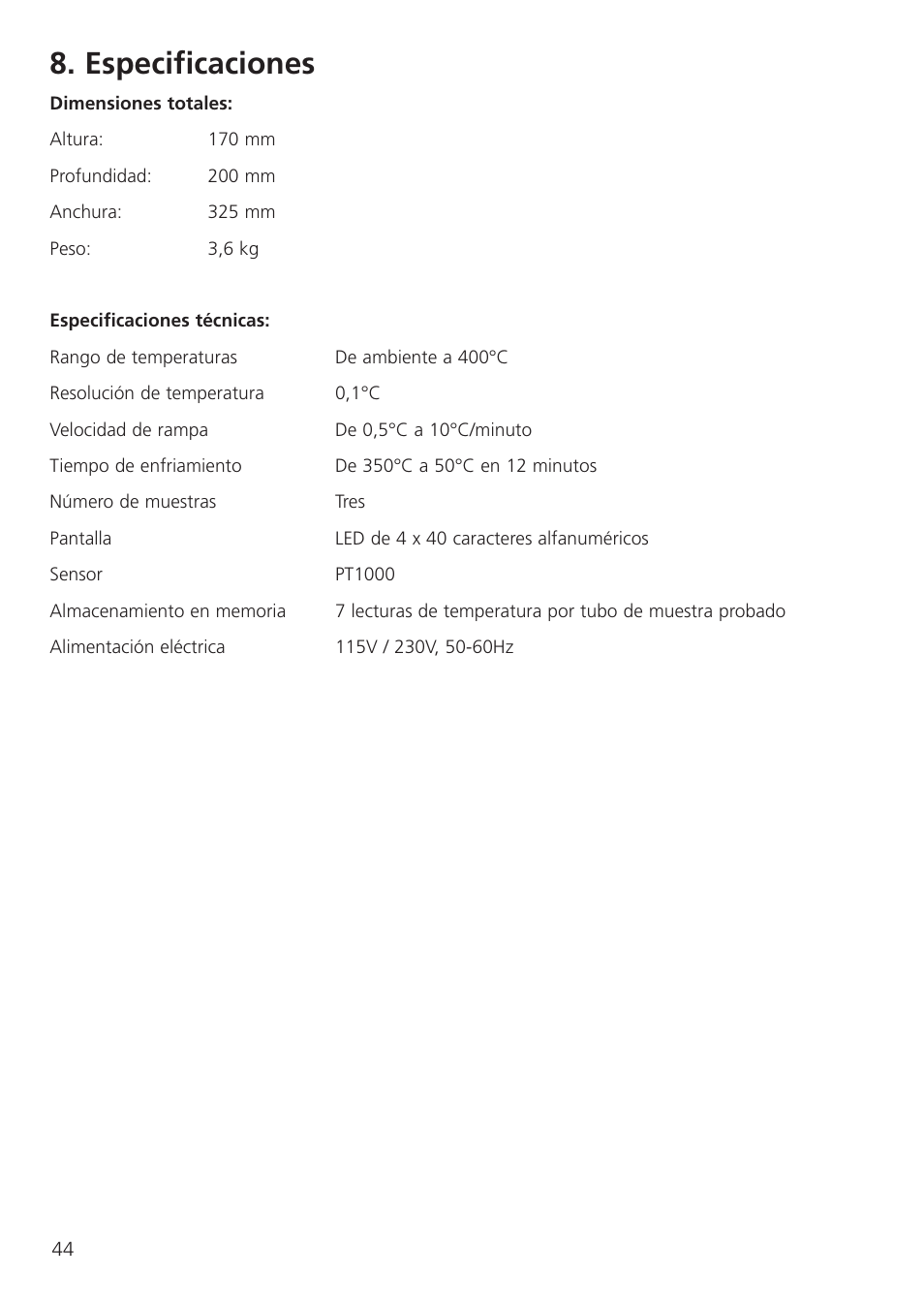 Especificaciones | Dynalab SMP30 User Manual | Page 46 / 60