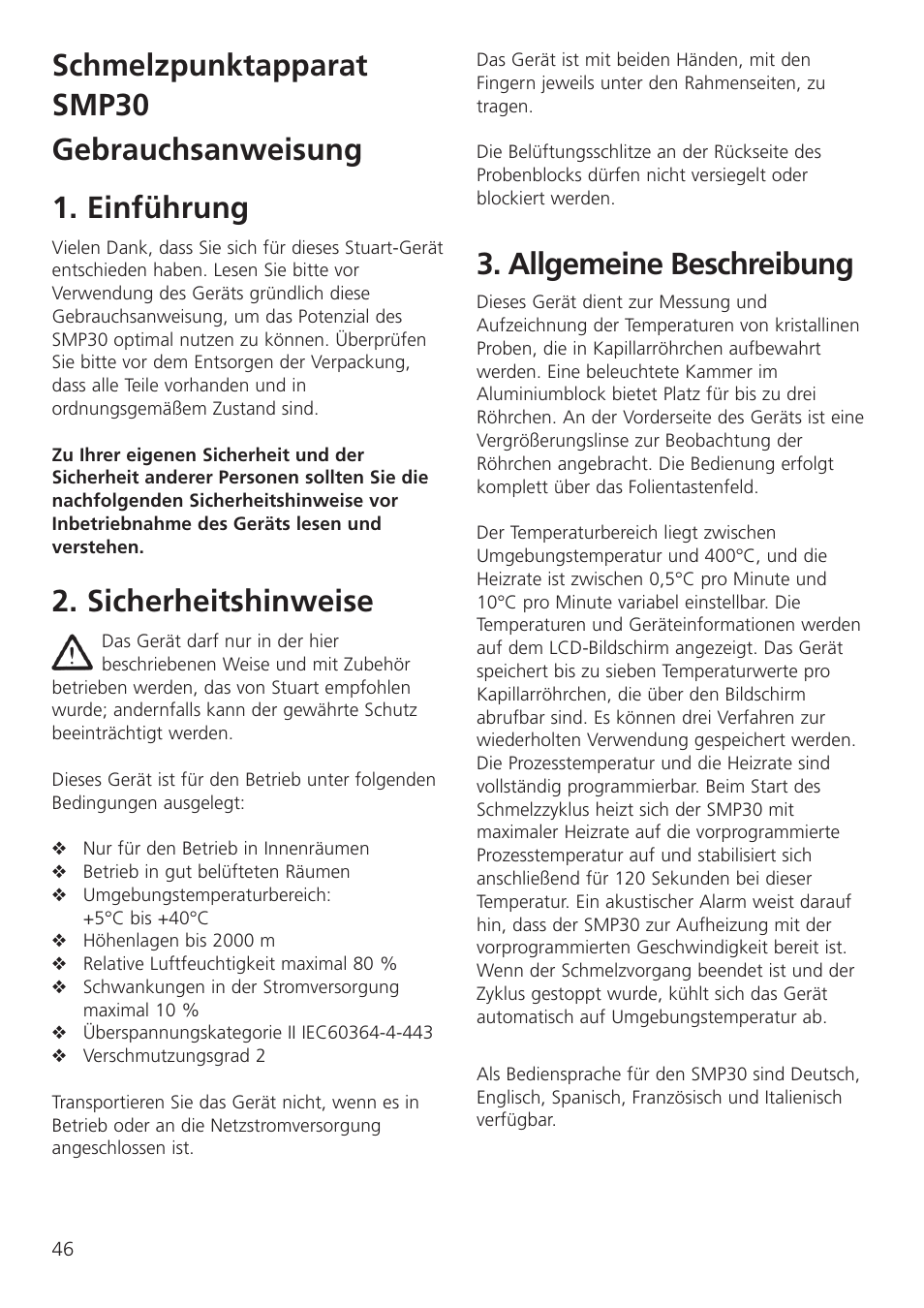 Schmelzpunktapparat smp30 gebrauchsanweisung, Einführung, Sicherheitshinweise | Allgemeine beschreibung | Dynalab SMP30 User Manual | Page 48 / 60