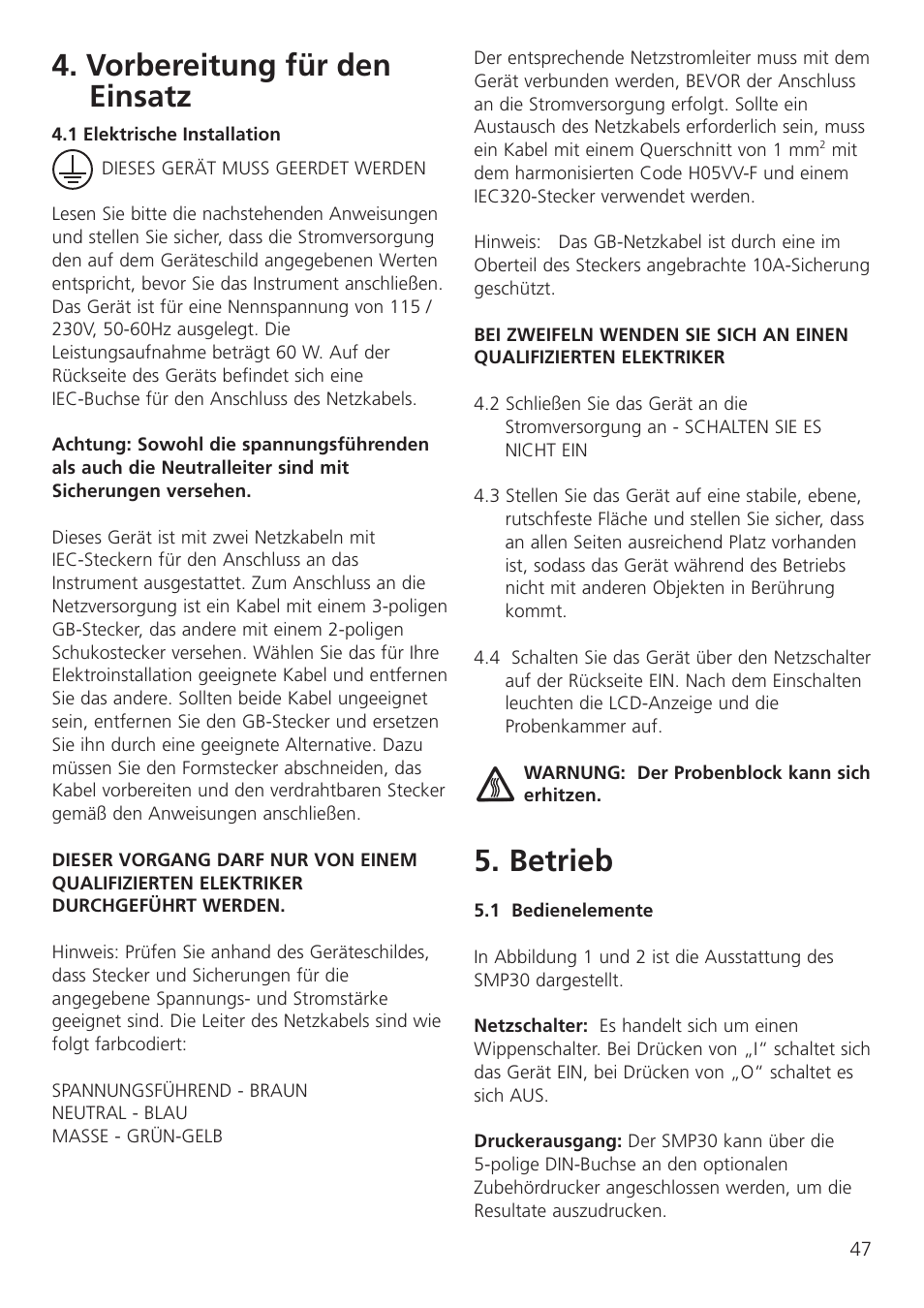 Vorbereitung für den einsatz, Betrieb | Dynalab SMP30 User Manual | Page 49 / 60
