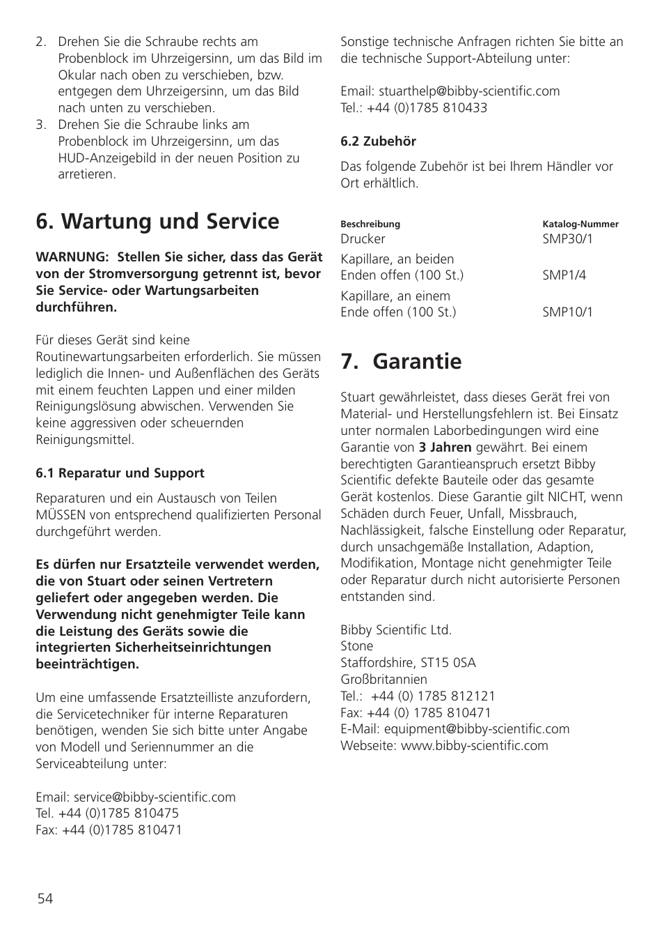 Wartung und service, Garantie | Dynalab SMP30 User Manual | Page 56 / 60
