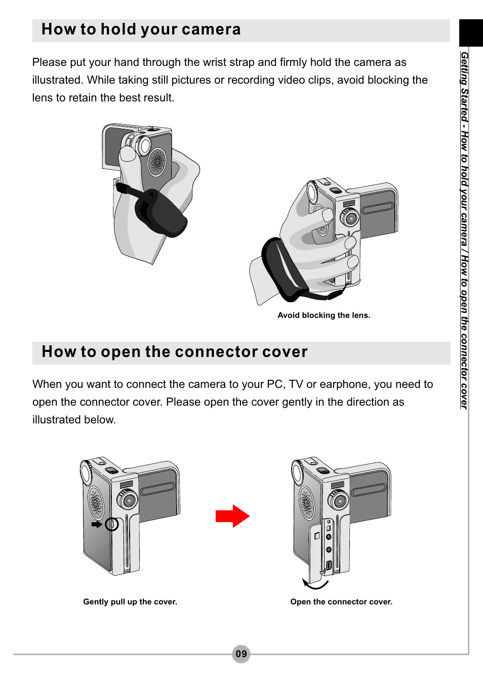 How to hold your camera, How to open the connector cover | AIPTEK Pocket DV4500 User Manual | Page 10 / 86