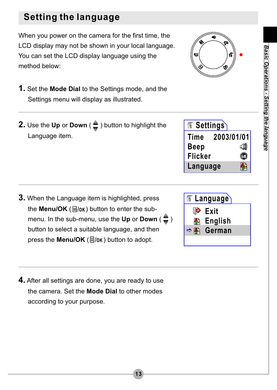 Setting the language, Settings, Language | Exit english german | AIPTEK Pocket DV4500 User Manual | Page 14 / 86