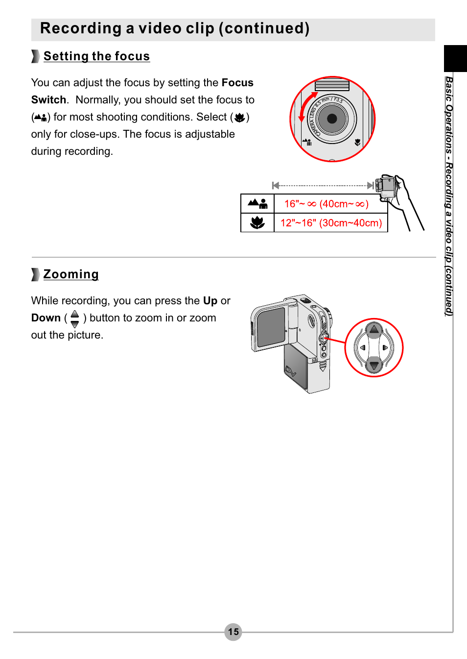 Recording a video clip (continued), Setting the focus zooming | AIPTEK Pocket DV4500 User Manual | Page 16 / 86