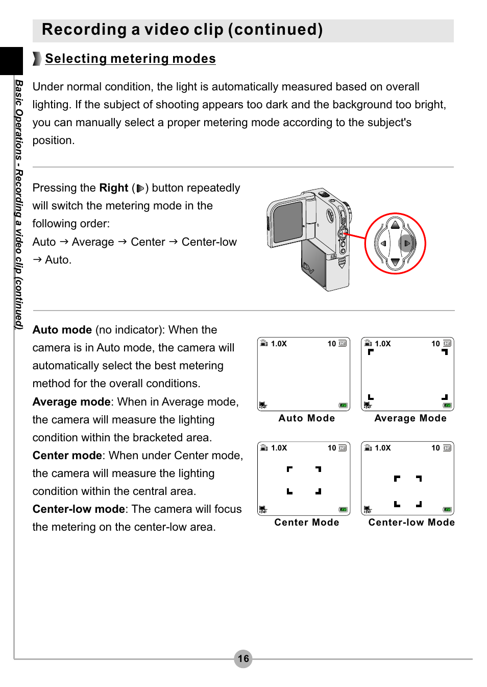 Recording a video clip (continued), Selecting metering modes | AIPTEK Pocket DV4500 User Manual | Page 17 / 86