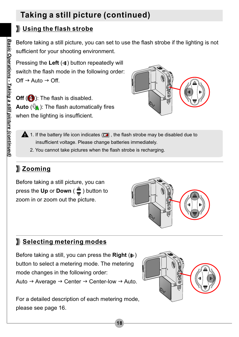 Taking a still picture (continued), Using the flash strobe selecting metering modes, Zooming | AIPTEK Pocket DV4500 User Manual | Page 19 / 86